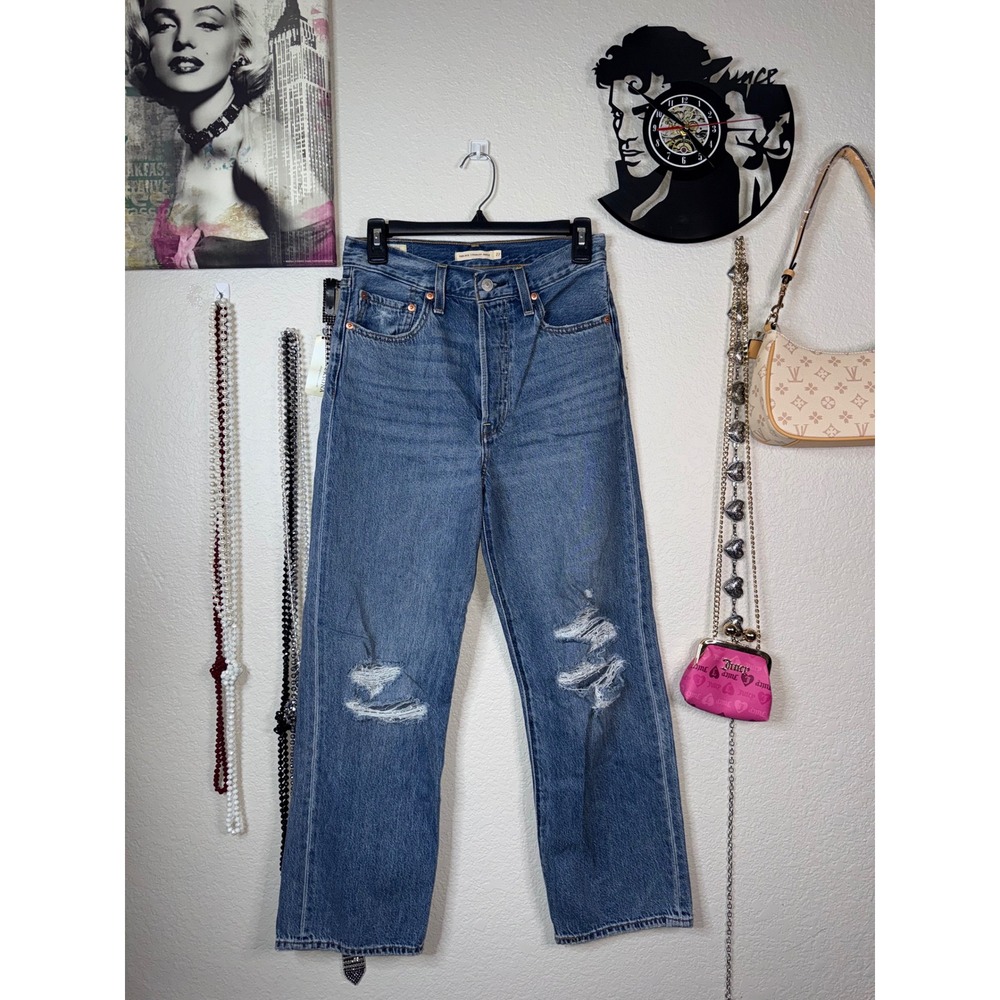 Levi's Premium Ribcage Straight Ankle Jeans 27 High Rise Button Fly Distressed
